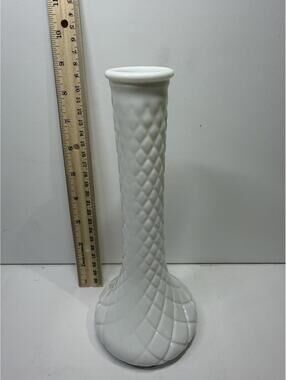 Hoosier Glass Milk Glass Vase Diamond Quilt Pattern 9.5" White Vintage